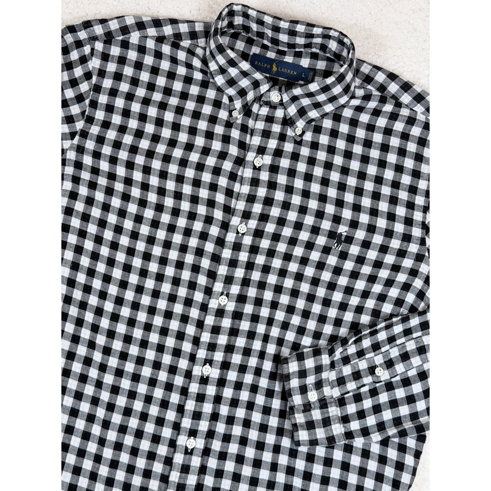 Polo Ralph Lauren Mens L Gingham‎ Button Down Shirt Black White Cotton